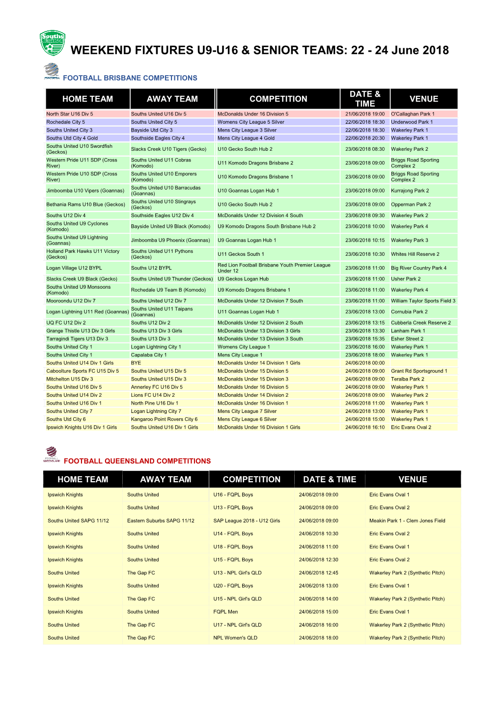 Weekend Fixtures U9-U16 & Senior Teams: 22