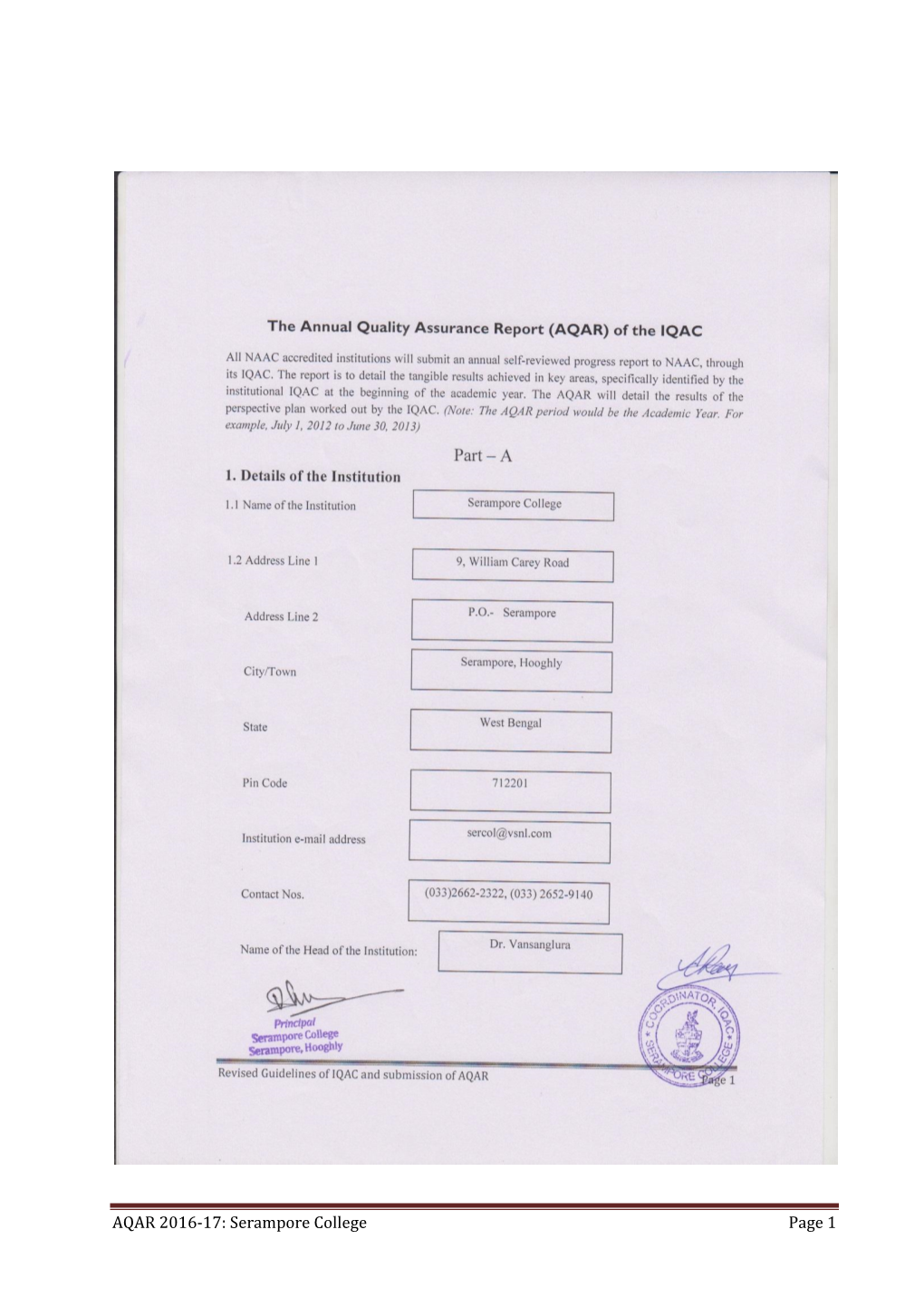 AQAR 2016-17: Serampore College Page 1