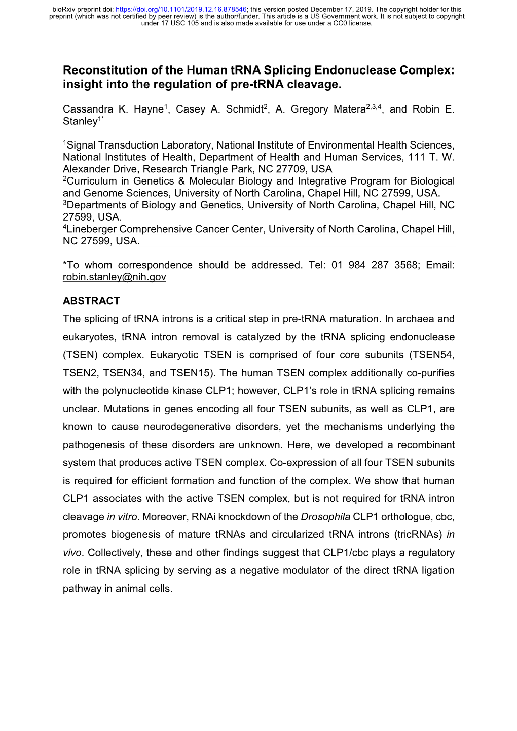 Reconstitution of the Human Trna Splicing Endonuclease Complex: Insight Into the Regulation of Pre-Trna Cleavage