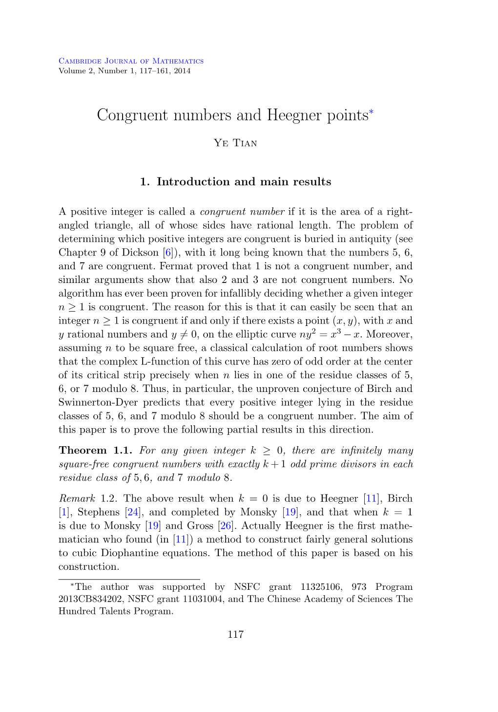 Congruent Numbersnumbers and Heegner Pointspoints