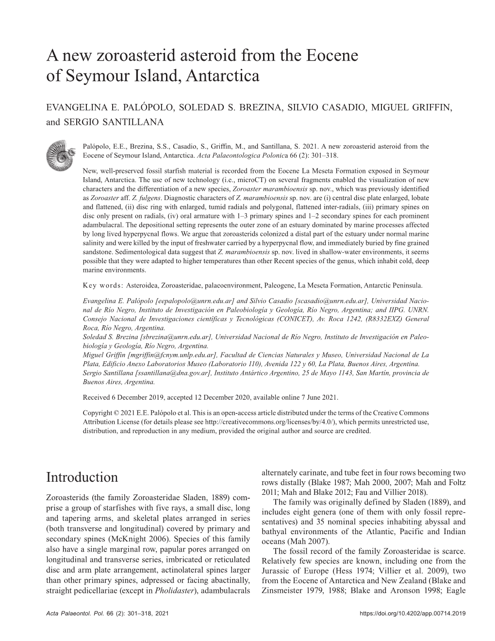 A New Zoroasterid Asteroid from the Eocene of Seymour Island, Antarctica