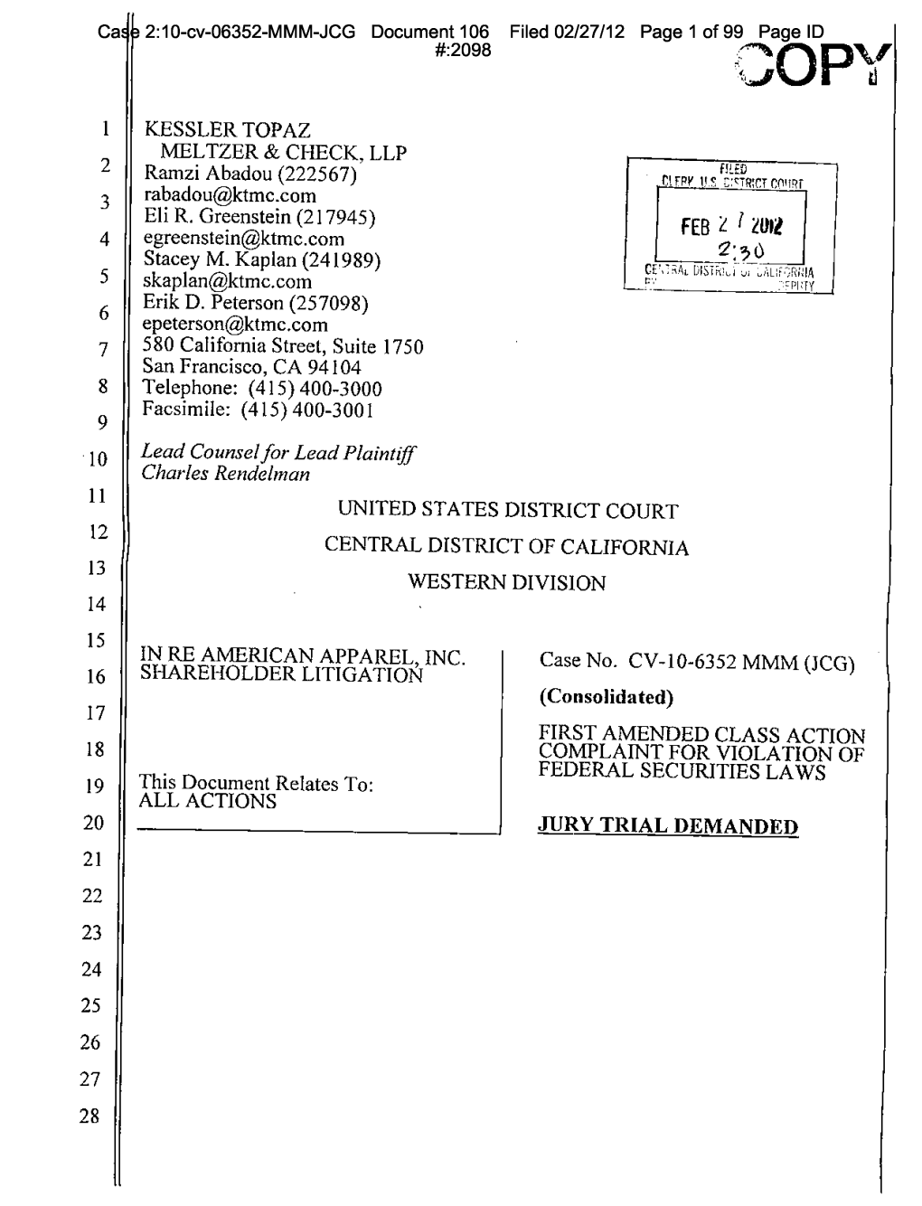 Anthony Andrade V. American Apparel, Inc. Et Al 10-CV-06352-First