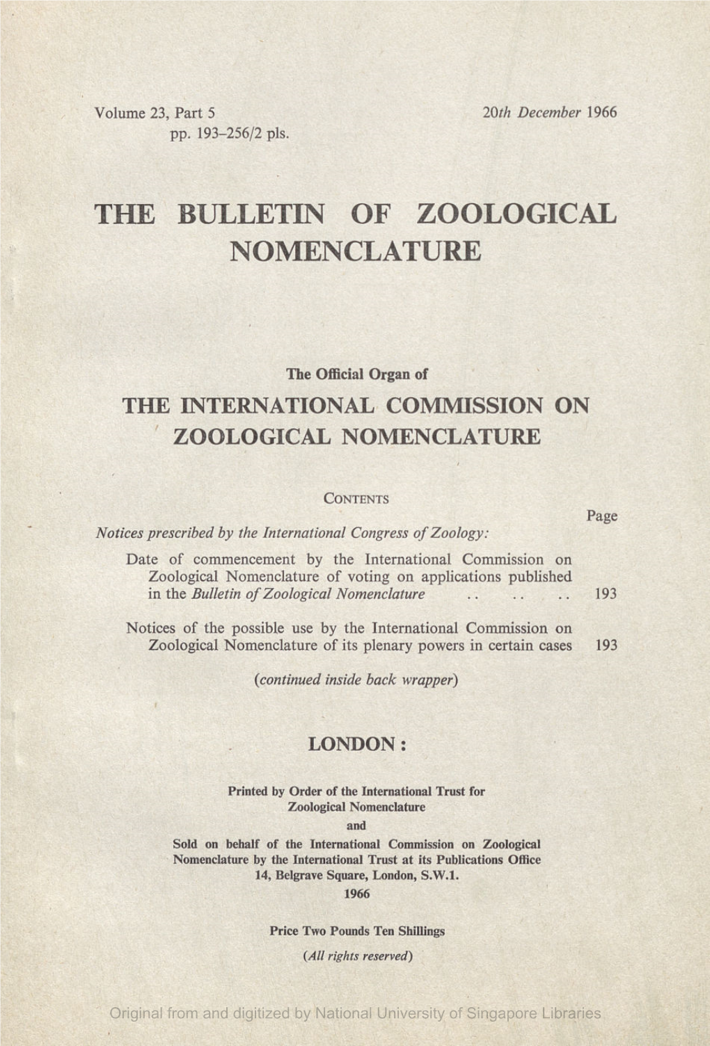 The Bulletin of Zoological Nomenclature, Vol.23, Part 5