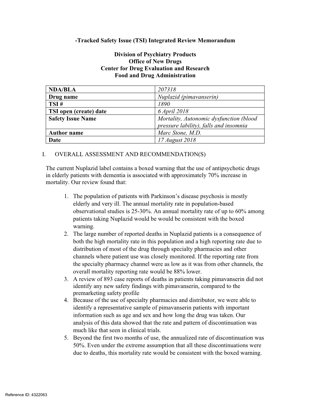 TSI Integrated Review Memorandum of August 17, 2018