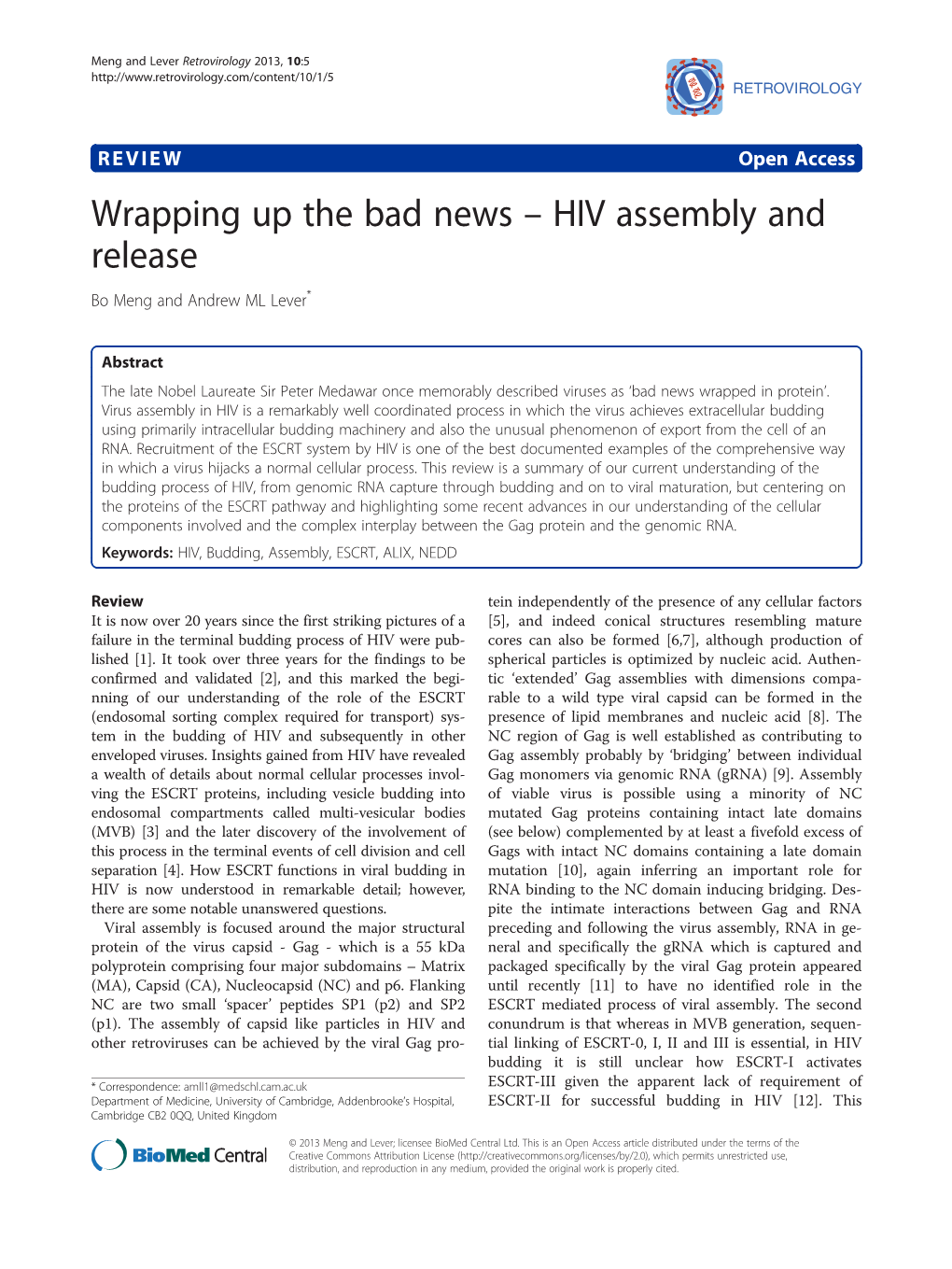 Wrapping up the Bad News – HIV Assembly and Release Bo Meng and Andrew ML Lever*