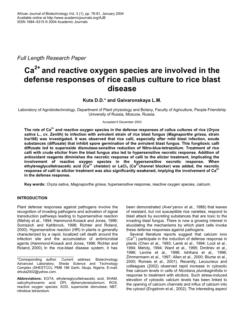 Ca and Reactive Oxygen Species Are Involved in the Defense Responses of Rice Callus Culture to Rice Blast Disease