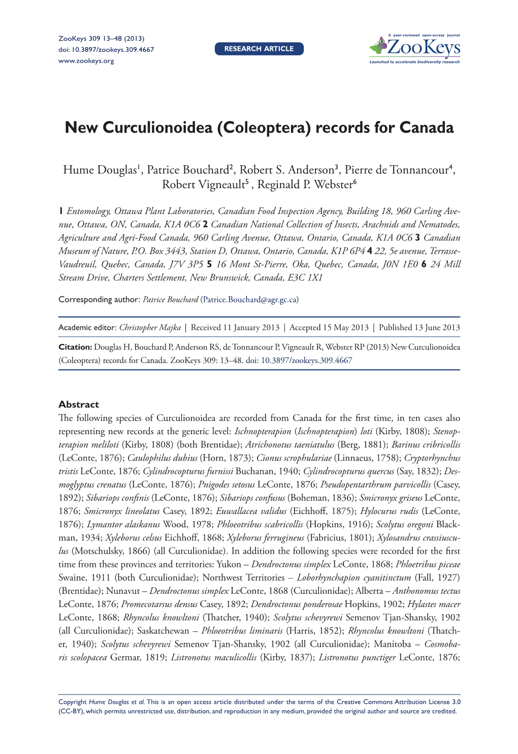 Coleoptera) Records for Canada 13 Doi: 10.3897/Zookeys.309.4667 Research Article Launched to Accelerate Biodiversity Research