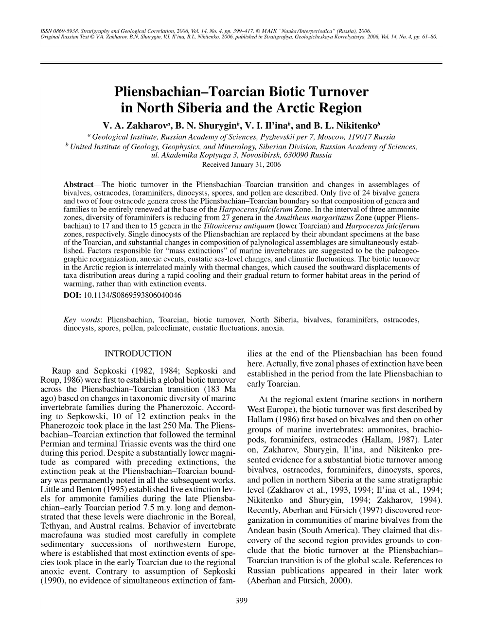 Pliensbachian-Toarcian Biotic Turnover in North Siberia and the Arctic Region