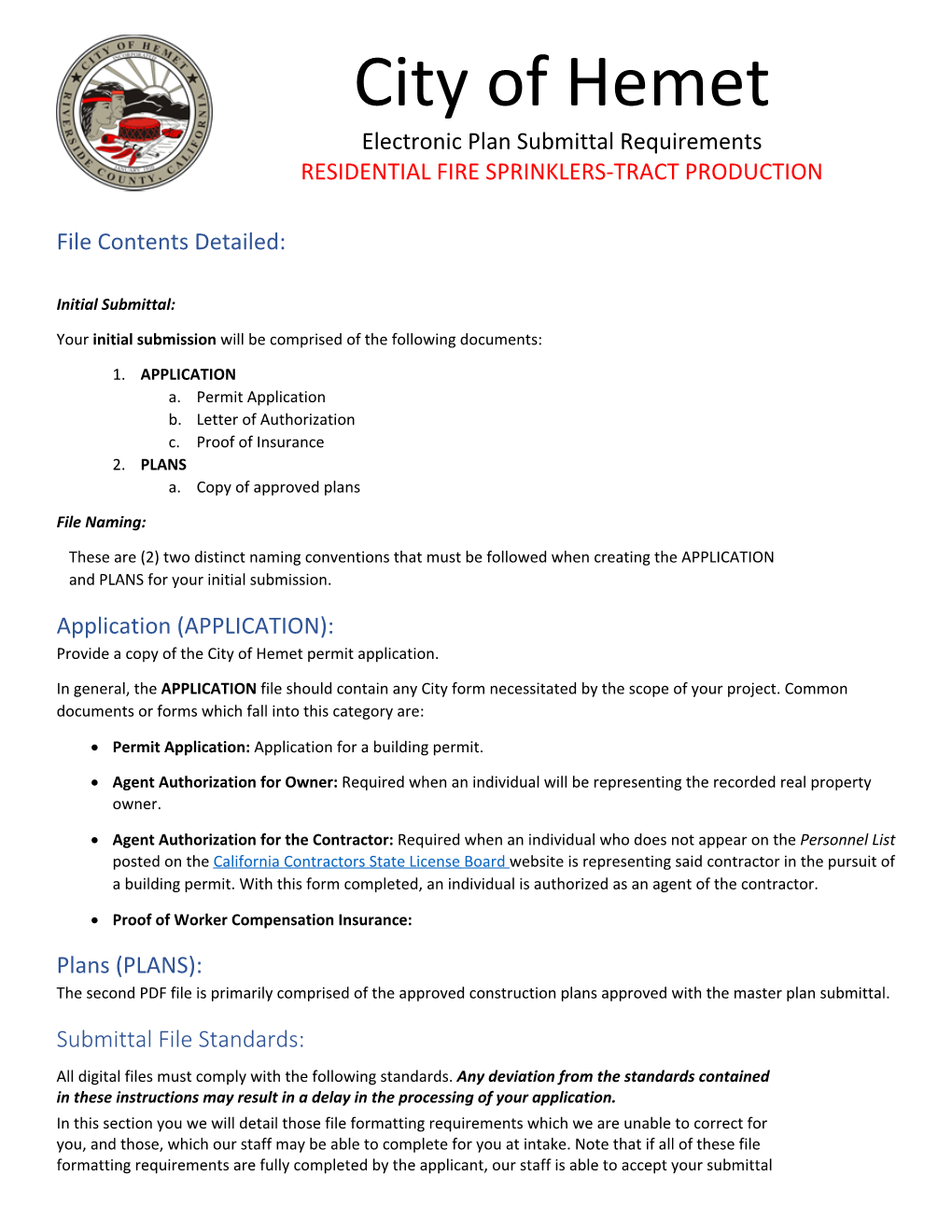 Electronic Plan Submittal Requirements RESIDENTIAL FIRE SPRINKLERS-TRACT PRODUCTION