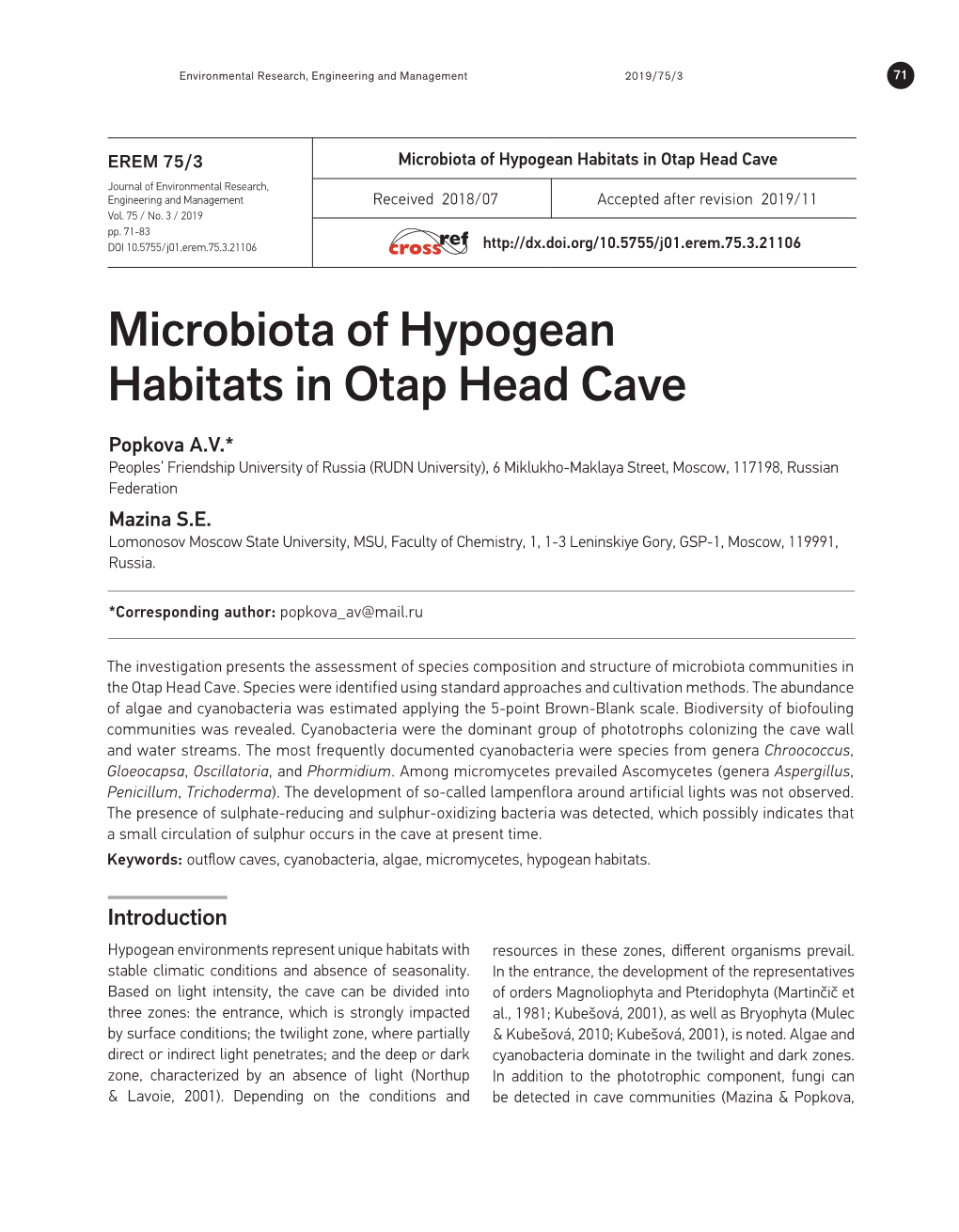 Microbiota of Hypogean Habitats in Otap Head Cave Journal of Environmental Research, Engineering and Management Received 2018/07 Accepted After Revision 2019/11 Vol