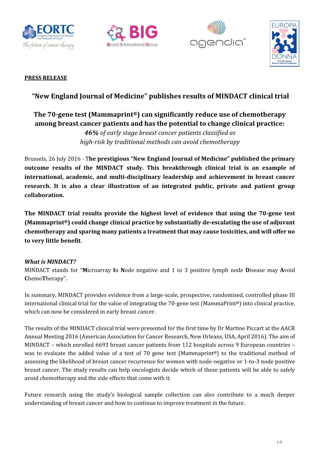 Publishes Results of MINDACT Clinical Trial