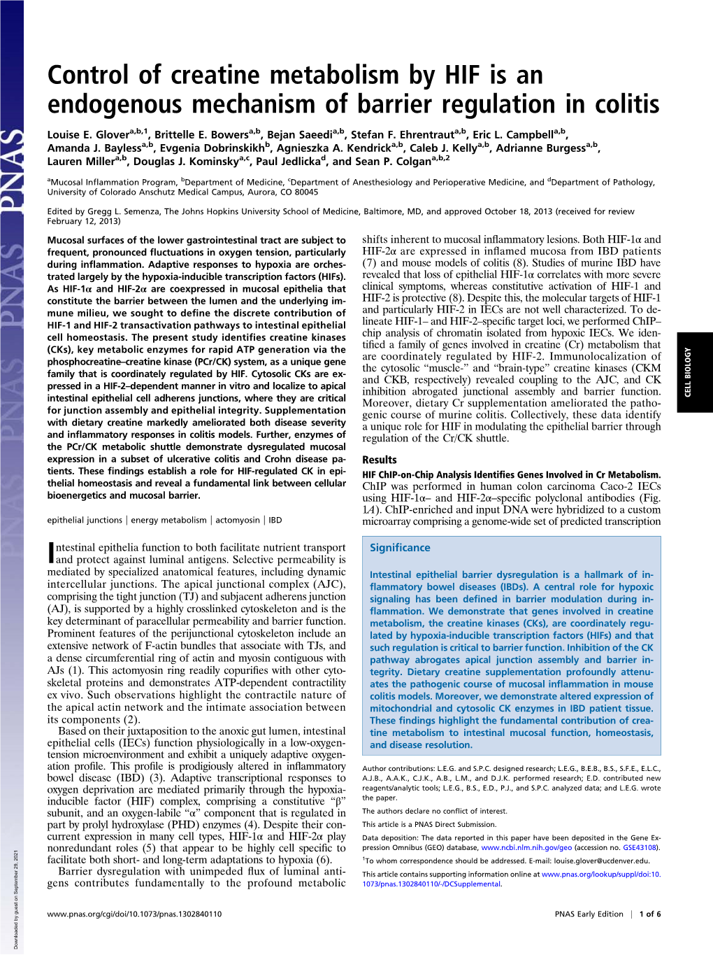 Control of Creatine Metabolism by HIF Is an Endogenous Mechanism of Barrier Regulation in Colitis