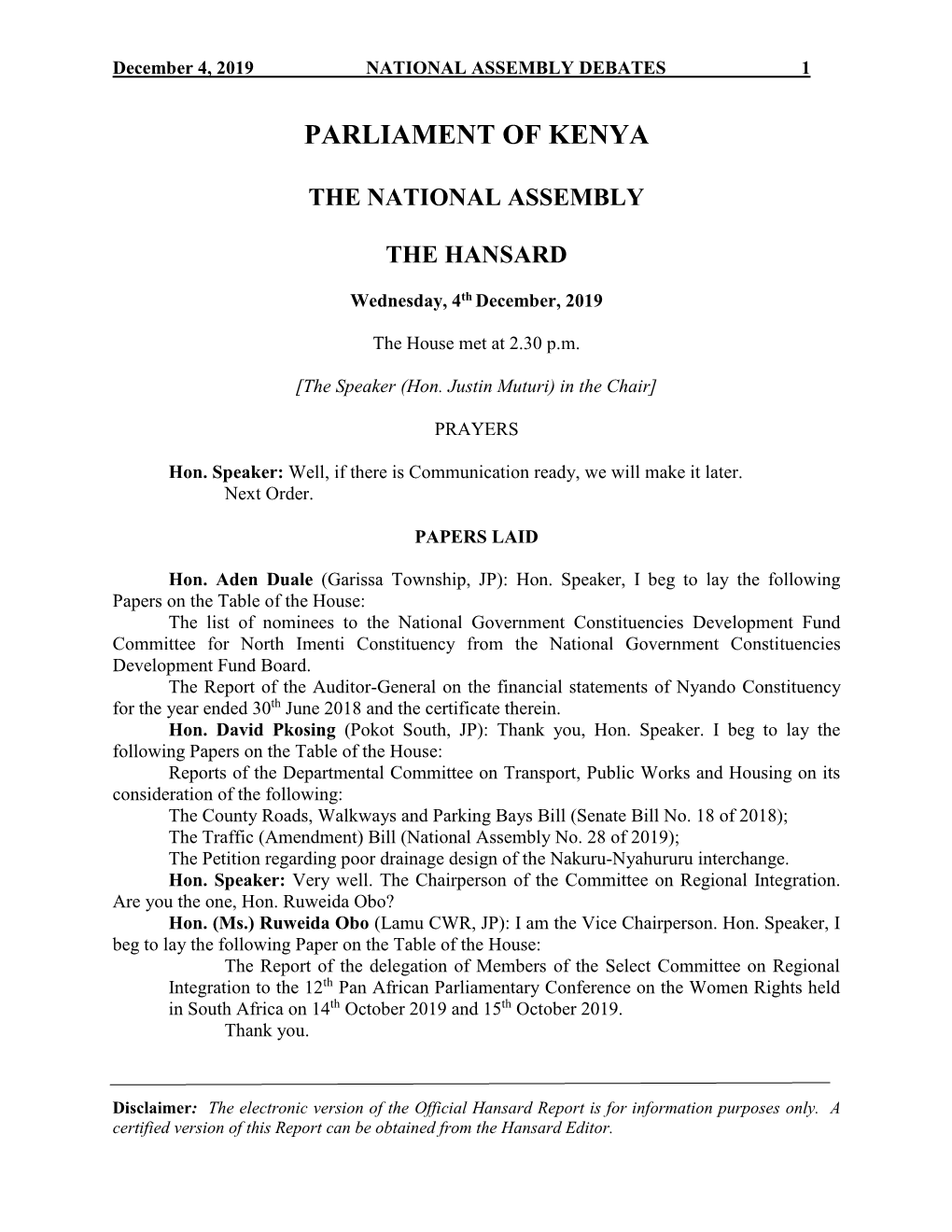 The National Assembly the Hansard