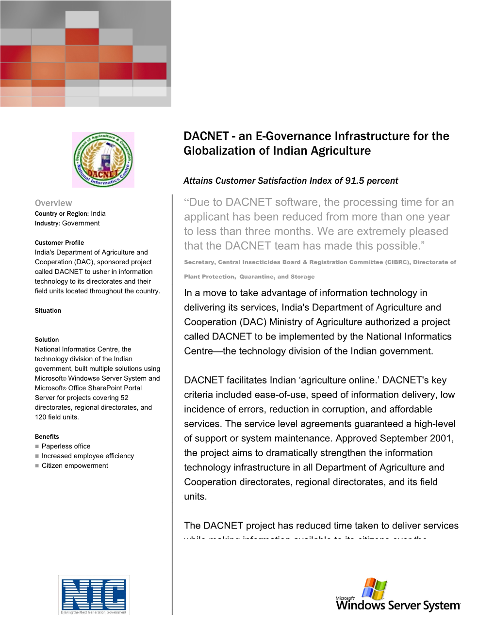 DACNET-An E-Governance Infrastructure For The Globalization Of Indian Agriculture