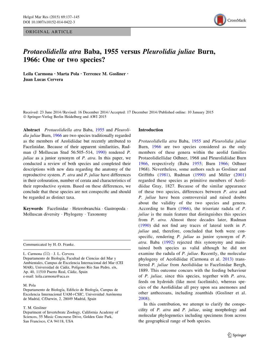 Protaeolidiella Atra Baba, 1955 Versus Pleurolidia Juliae Burn, 1966: One Or Two Species?