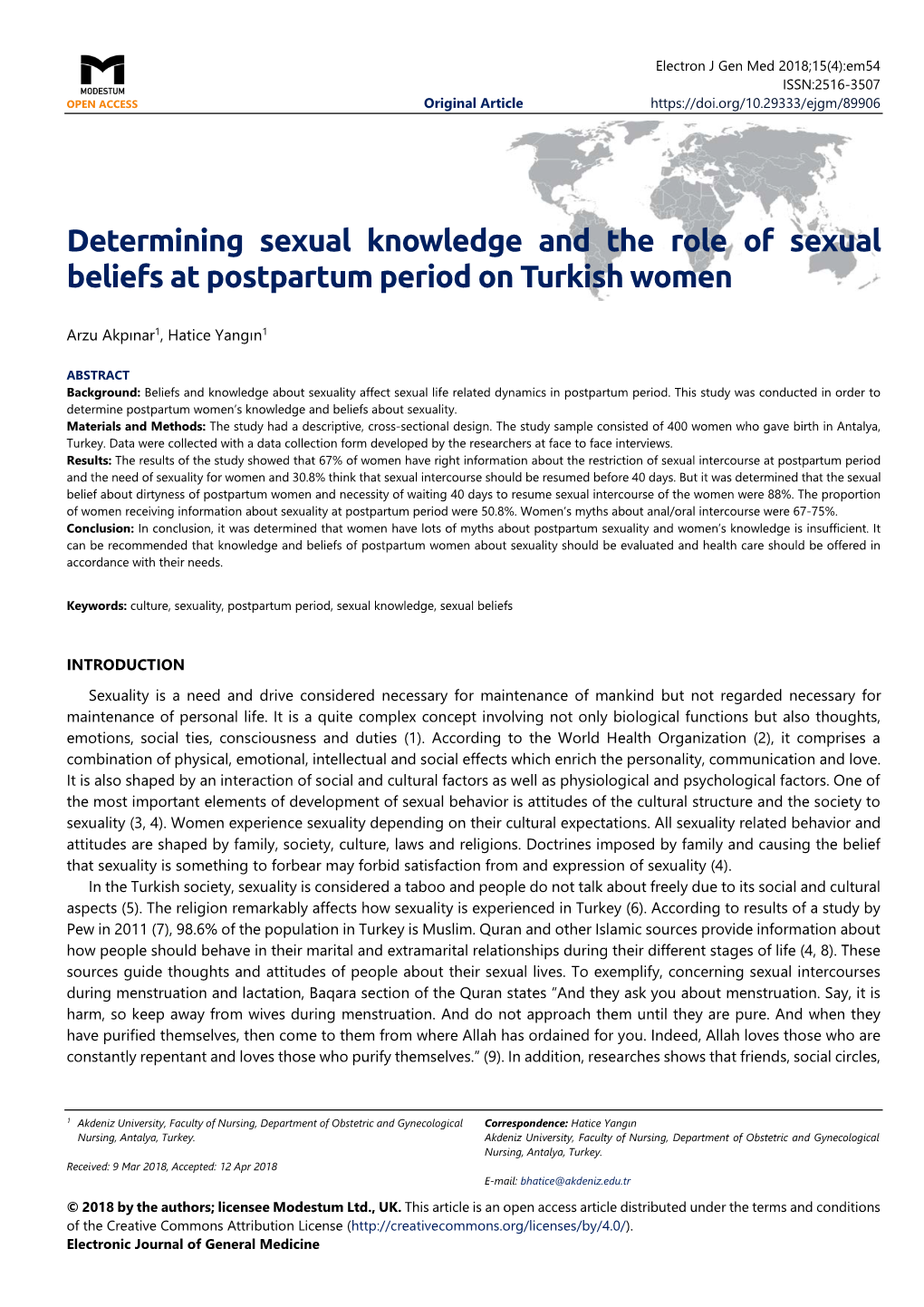 Determining Sexual Knowledge and the Role of Sexual Beliefs at Postpartum Period on Turkish Women