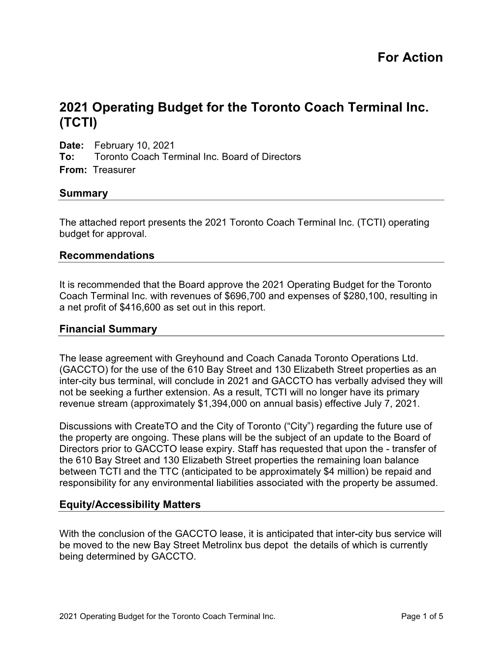 2021 Operating Budget for the Toronto Coach Terminal Inc. (TCTI)