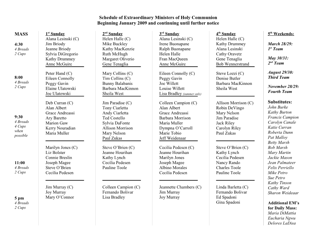 Schedule of Extraordinary Ministers of Holy Communion