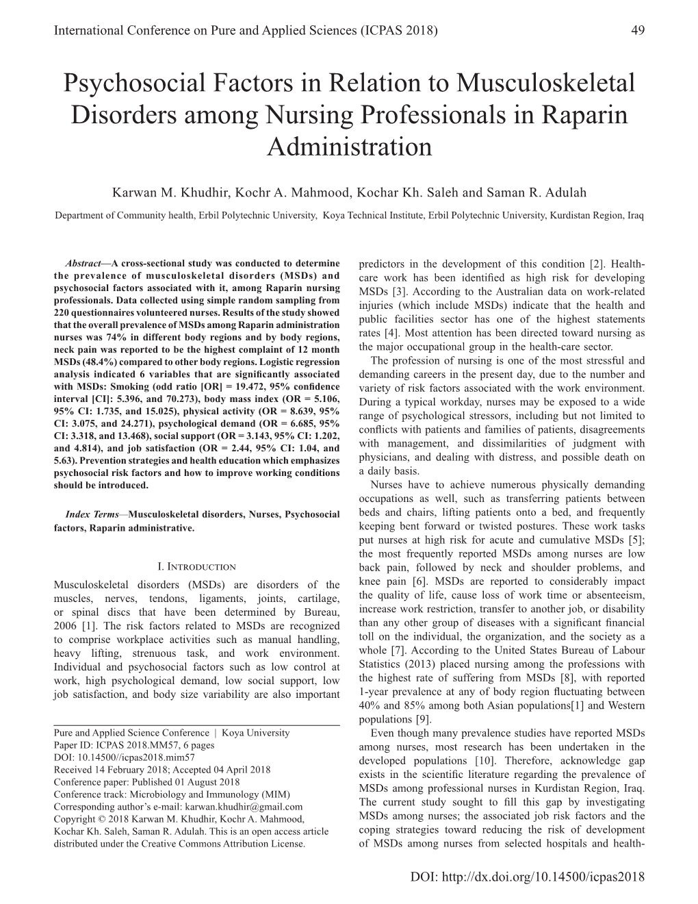 Psychosocial Factors in Relation to Musculoskeletal Disorders Among Nursing Professionals in Raparin Administration