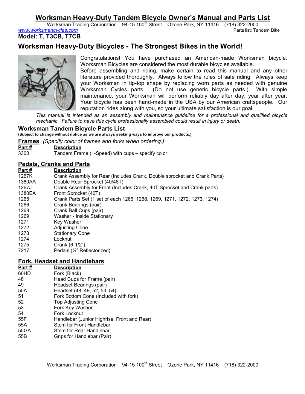 Worksman Heavy-Duty Tandem Bicycle Owner's Manual and Parts List