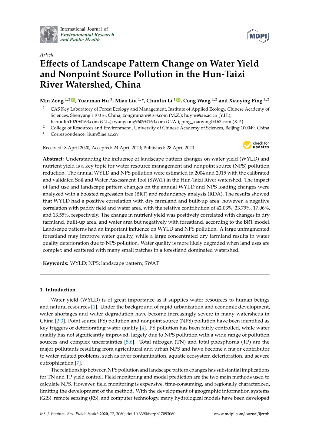 Effects of Landscape Pattern Change on Water Yield and Nonpoint