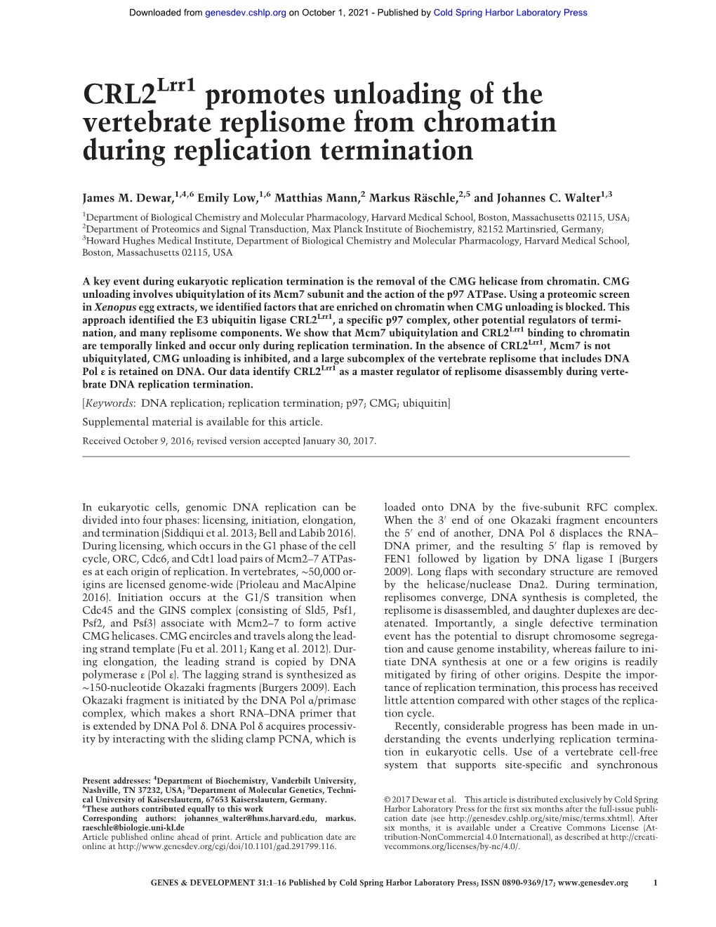 Crl2lrr1 Promotes Unloading of the Vertebrate Replisome from Chromatin During Replication Termination