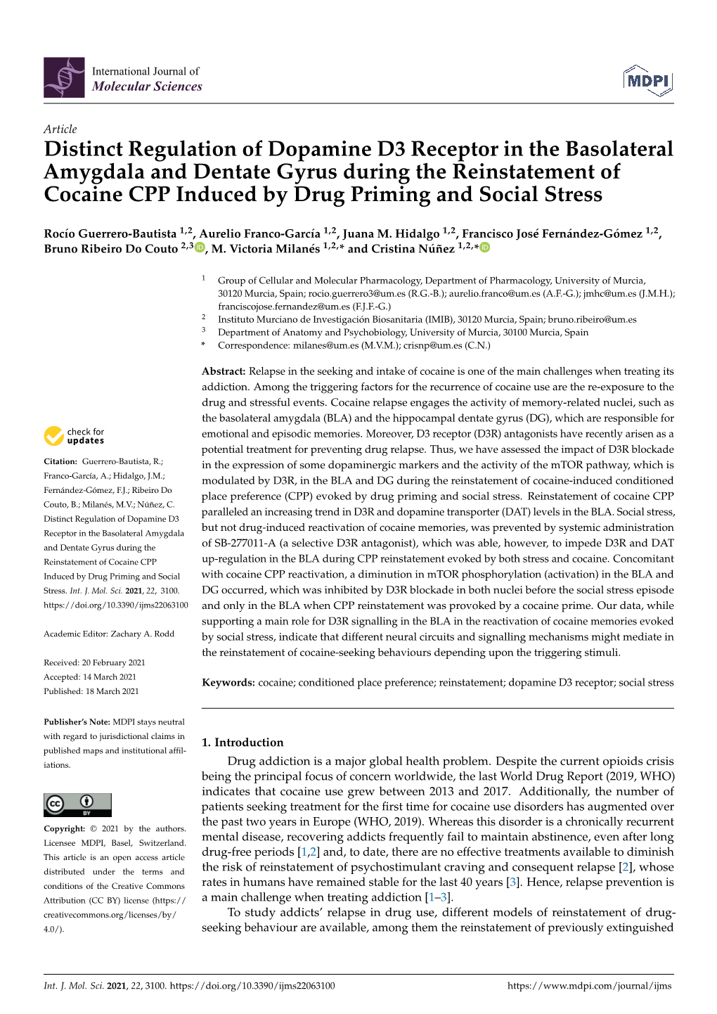 Distinct Regulation of Dopamine D3 Receptor in the Basolateral