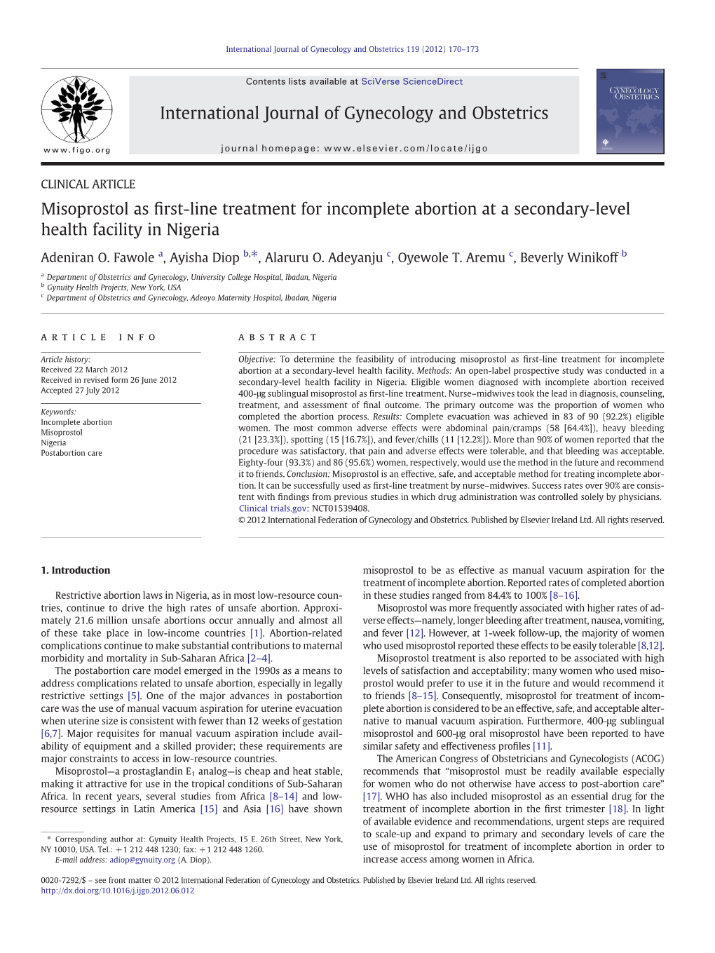 International Journal of Gynecology and Obstetrics 119 (2012) 170–173