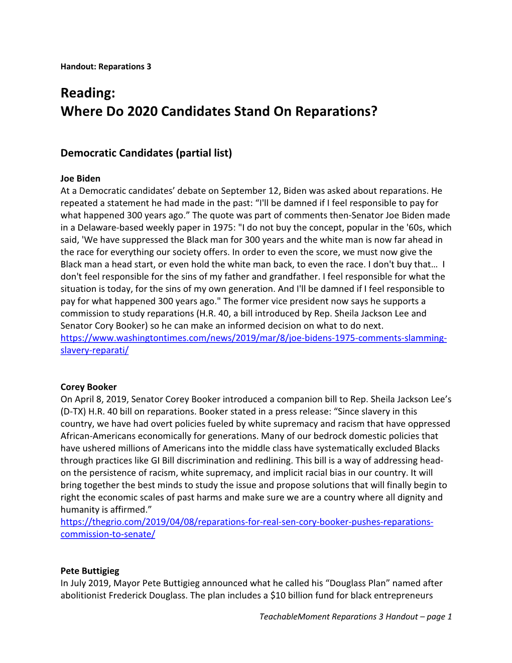 Where Do 2020 Candidates Stand on Reparations?