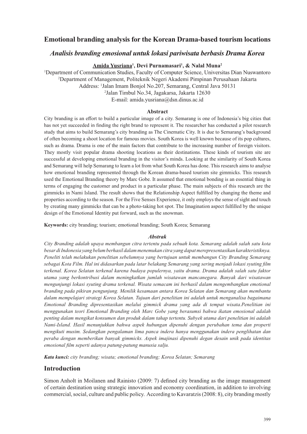 Emotional Branding Analysis for the Korean Drama-Based Tourism Locations Analisis Branding Emosional Untuk Lokasi Pariwisata Berbasis Drama Korea