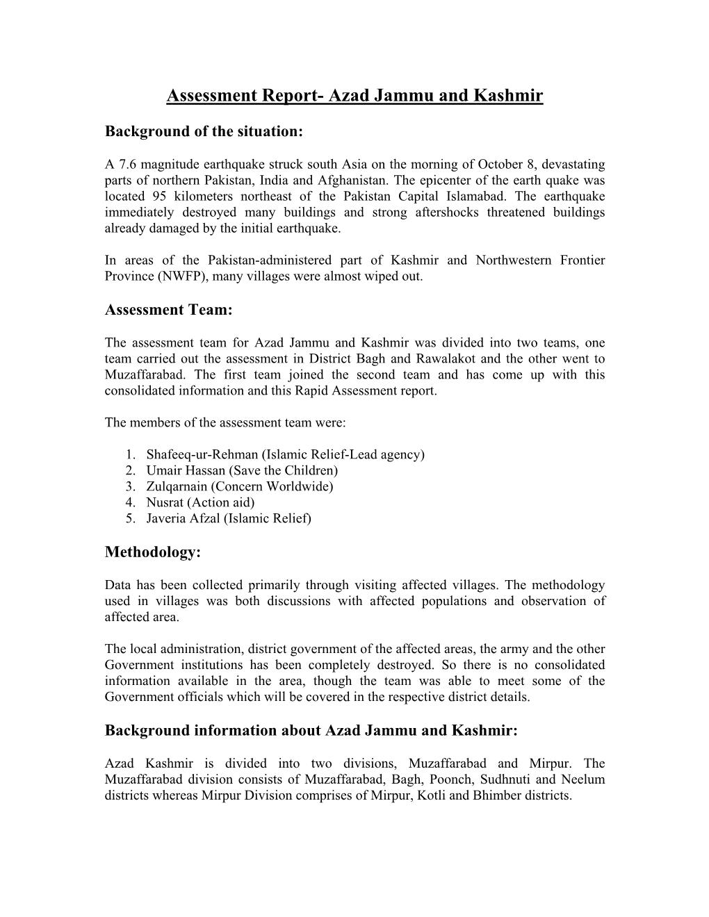 Assessment Report- Azad Jammu and Kashmir