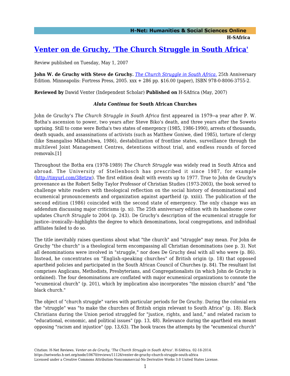 Venter on De Gruchy, 'The Church Struggle in South Africa'