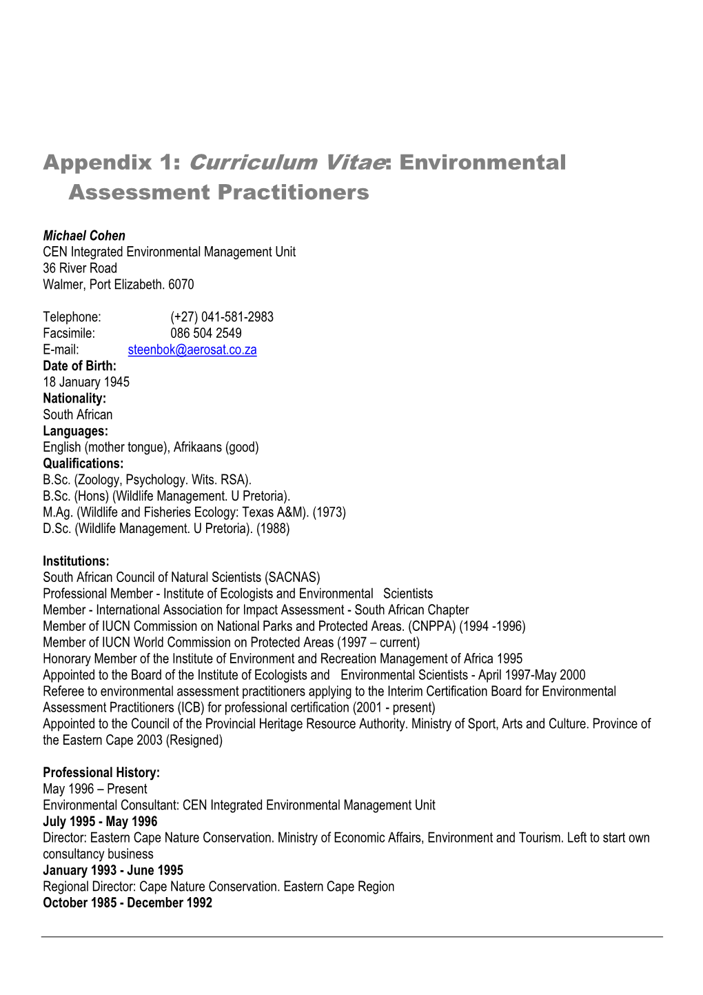 Appendix 1: Curriculum Vitae: Environmental