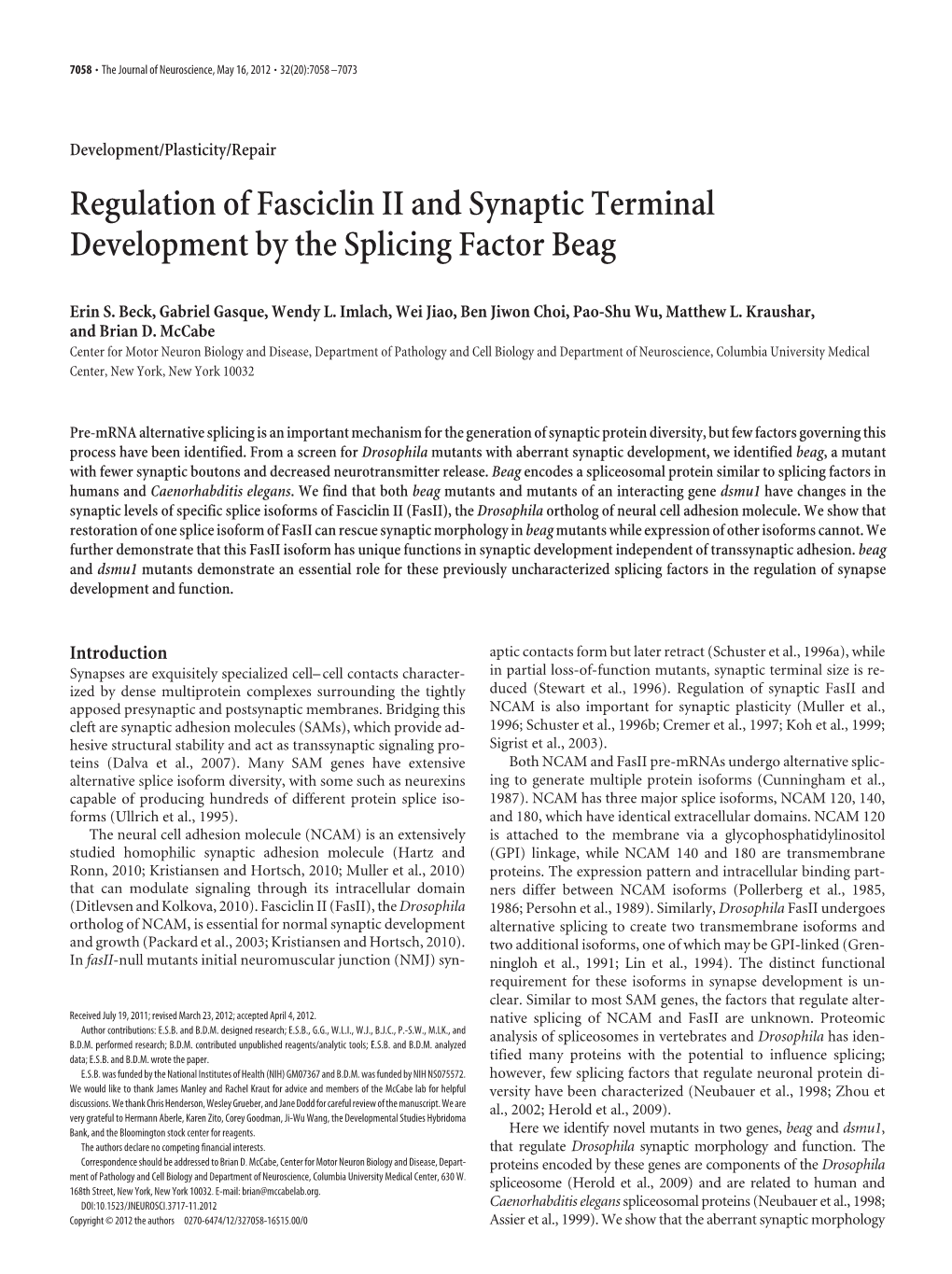 Regulation of Fasciclin II and Synaptic Terminal Development by the Splicing Factor Beag
