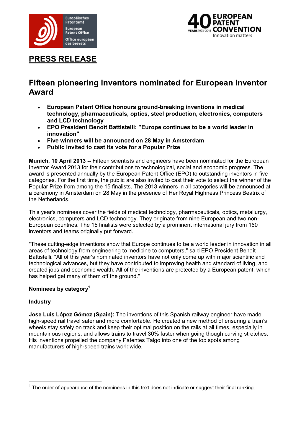 European Inventor Award Nominations