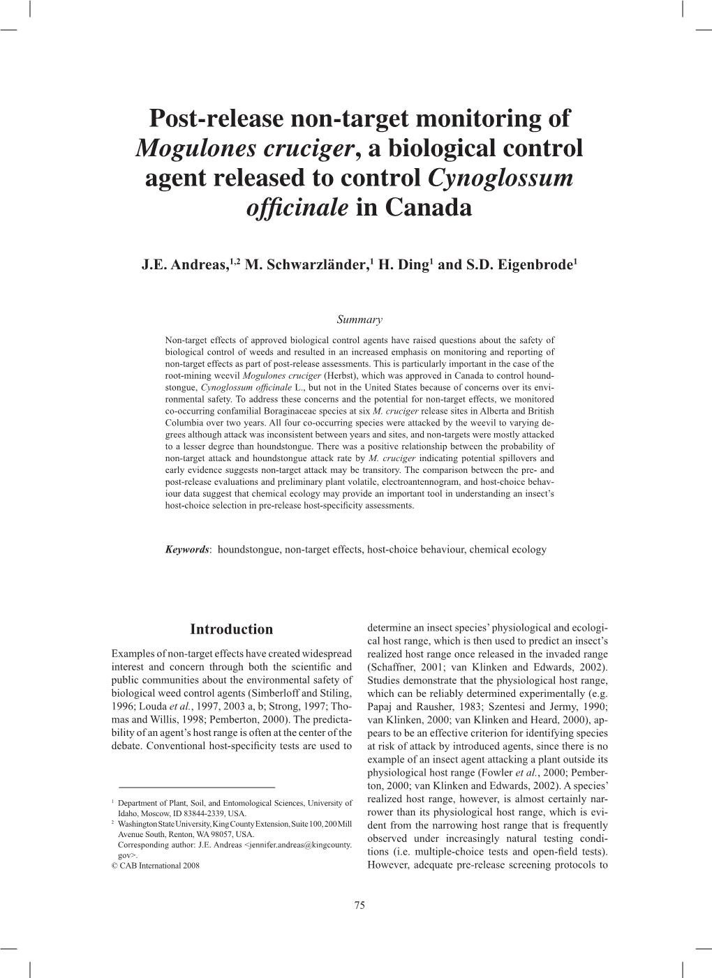 Post-Release Non-Target Monitoring of Mogulones Cruciger, a Biological Control Agent Released to Control Cynoglossum Officinalein Canada