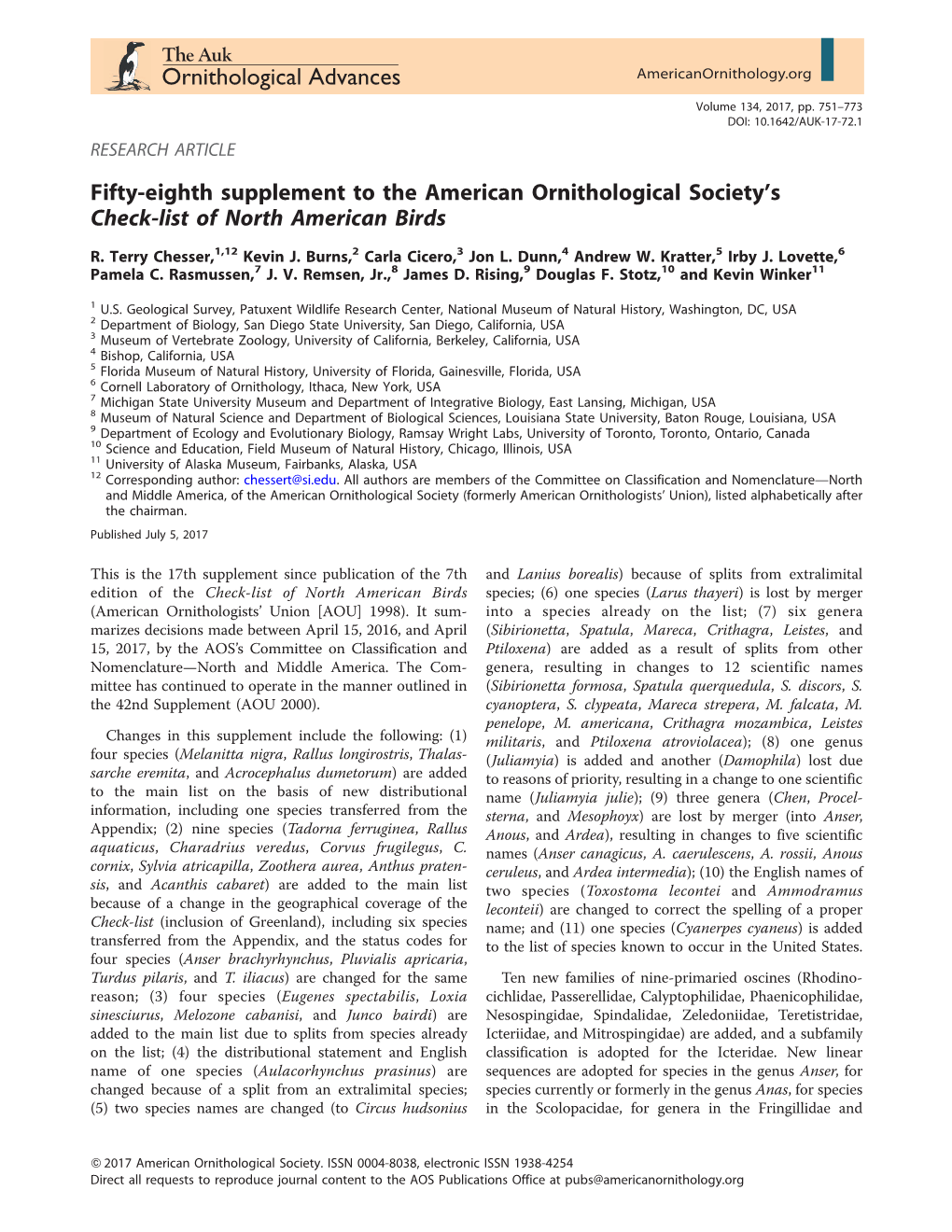 Fifty-Eighth Supplement to the American Ornithological Society's