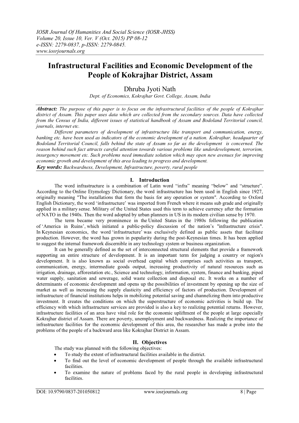 Infrastructural Facilities and Economic Development of the People of Kokrajhar District, Assam