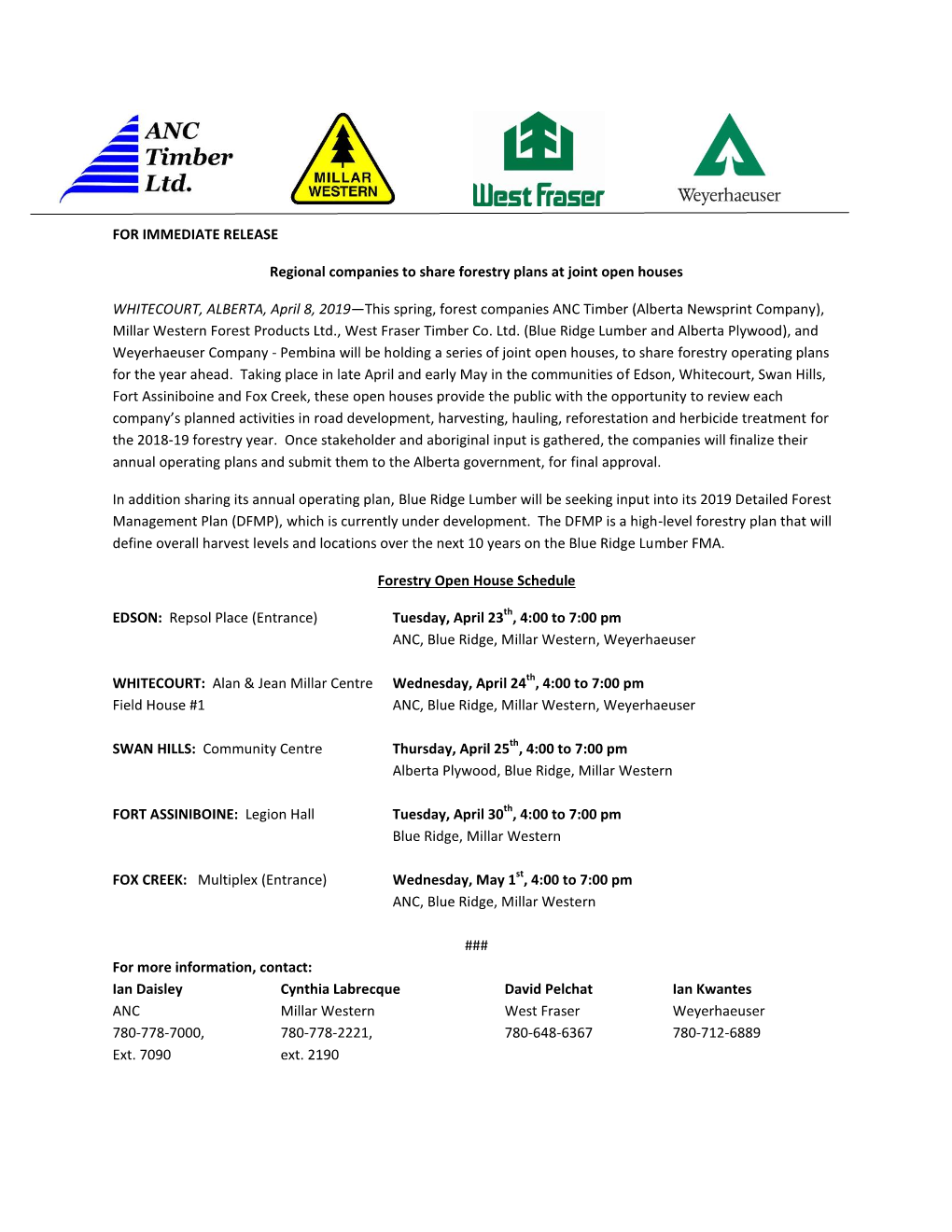 FOR IMMEDIATE RELEASE Regional Companies to Share Forestry Plans
