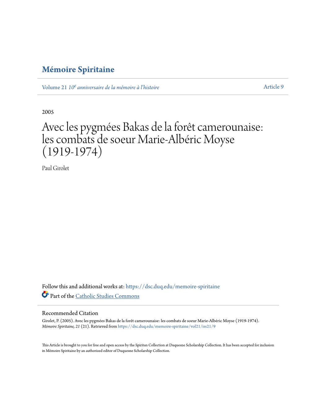 Avec Les Pygmées Bakas De La Forêt Camerounaise: Les Combats De Soeur Marie-Albéric Moyse (1919-1974) Paul Girolet