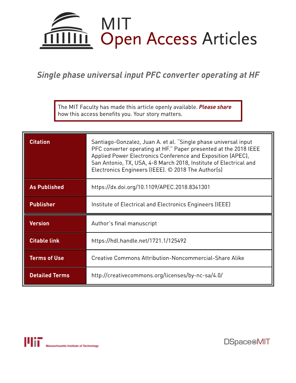 Single Phase Universal Input PFC Converter Operating at HF