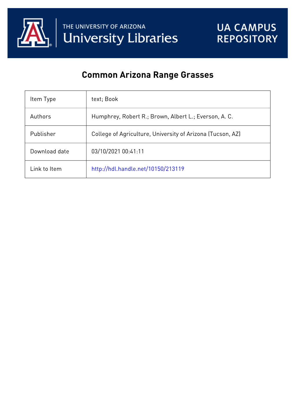 COMMON ARIZONA RANGE GRASSES Agricultural Experiment