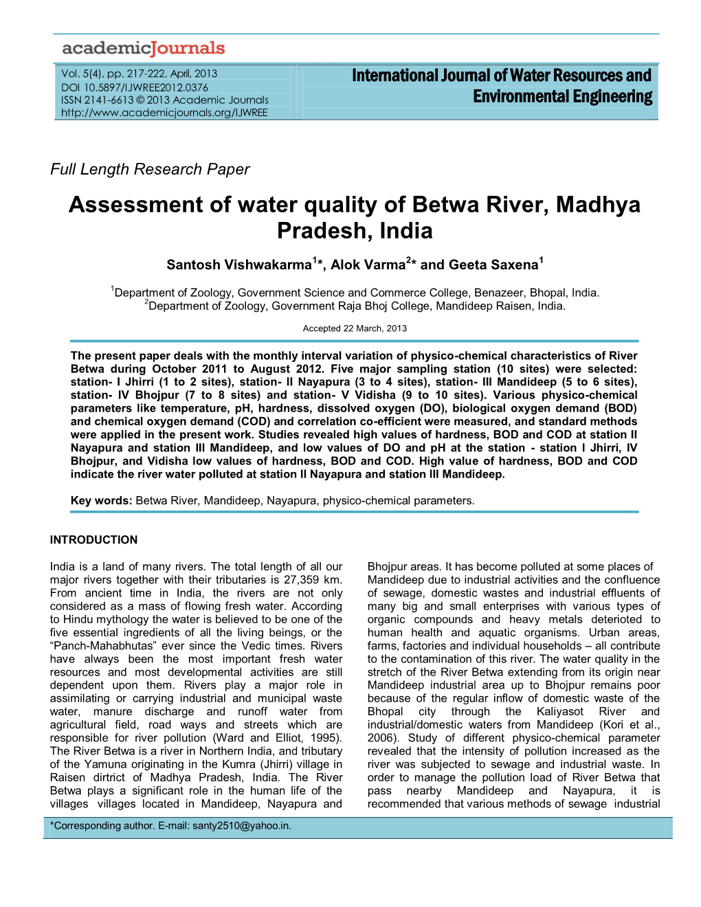 Assessment of Water Quality of Betwa River, Madhya Pradesh, India