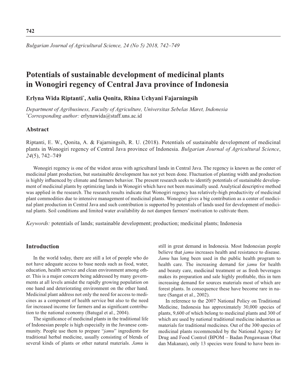 Potentials of Sustainable Development of Medicinal Plants in Wonogiri Regency of Central Java Province of Indonesia