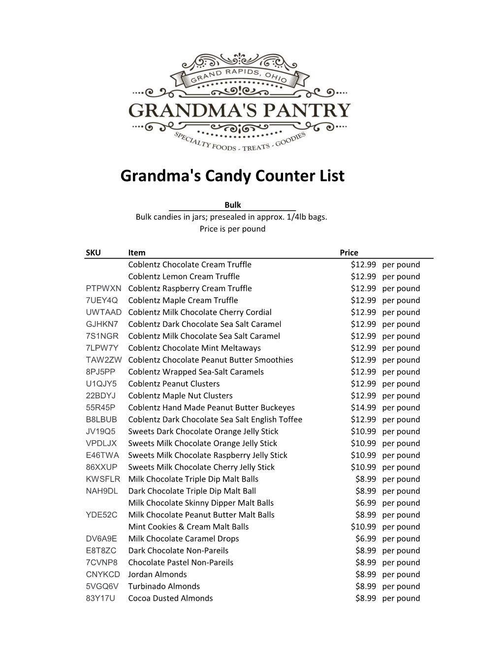 Grandma's Candy Counter List