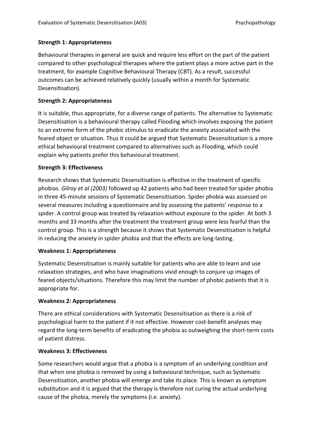 Evaluation of Systematic Desensitisation (A03)Psychopathology