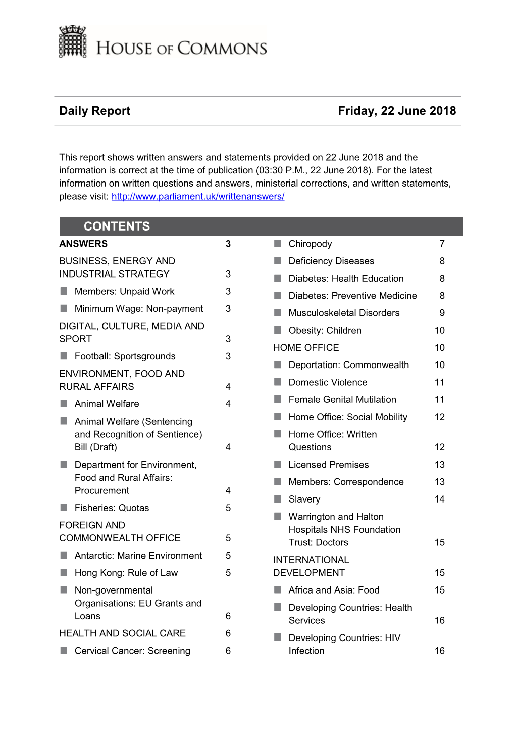 Daily Report Friday, 22 June 2018 CONTENTS