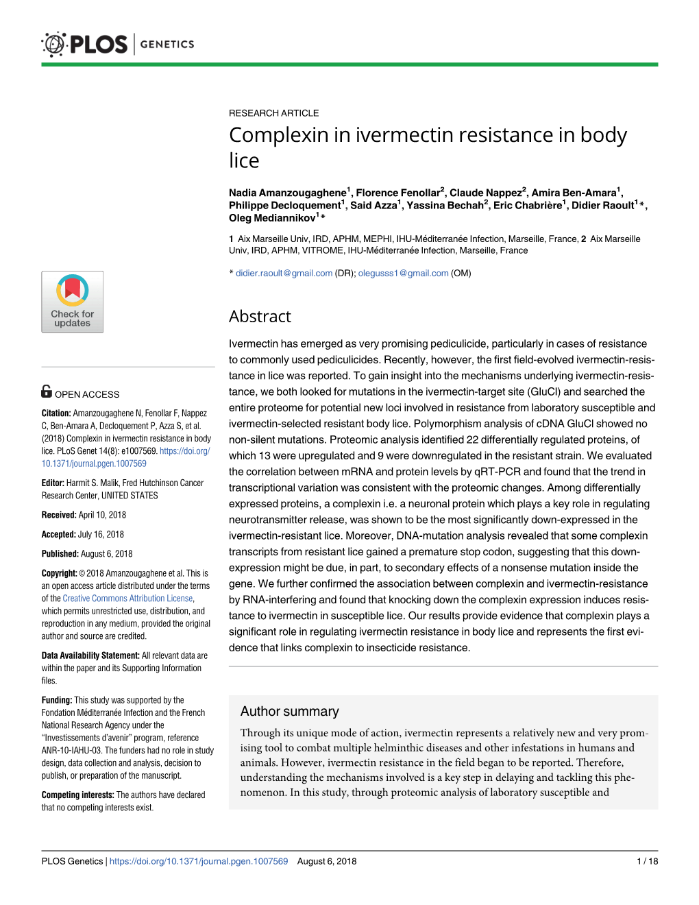 Complexin in Ivermectin Resistance in Body Lice