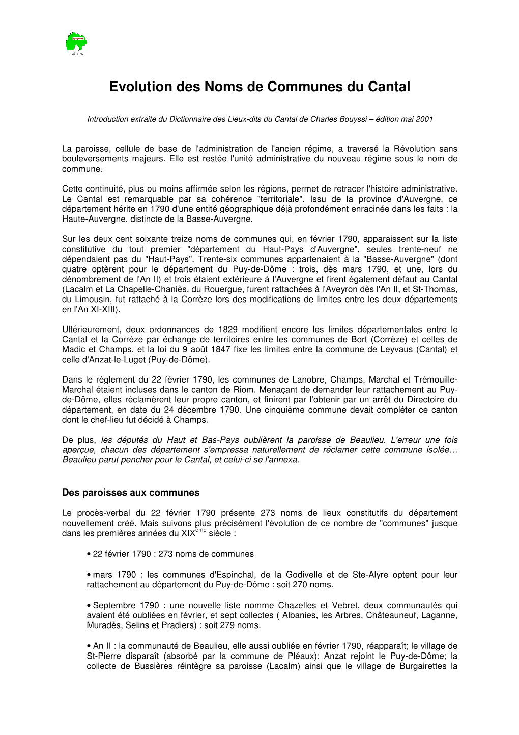 Evolution Des Noms De Volution Des Noms De Communes Du Cantal