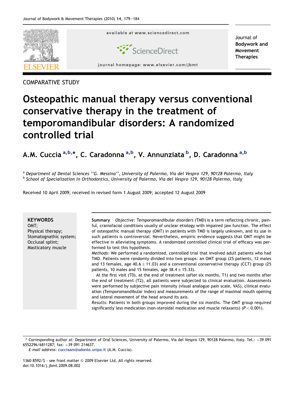 Osteopathic Manual Therapy Versus Conventional Conservative Therapy in the Treatment of Temporomandibular Disorders: a Randomized Controlled Trial